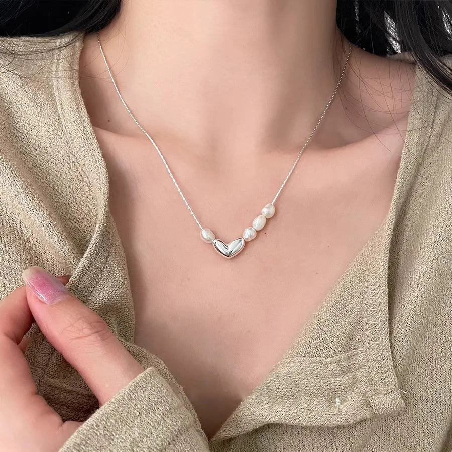 luckacco new trendy fashion 925 silver pearl simple elegant thin chain pendant necklace for women girl jewelry dropship