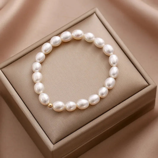 Luckacco Minar INS Fashion Genuine Freshwater Pearl Beaded Bracelets for Women Pearls Strand Elastic Charm Bracelet Office Career Jewelry