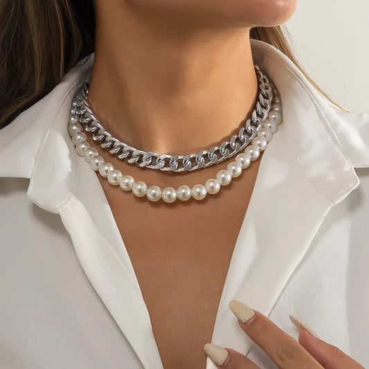 Luckacco Multi-Layer White Imitation Pearl Necklace Bead  Chain Punk Ladies Wedding Short Clavicle Necklac Girl Charm Banquet Jewelry