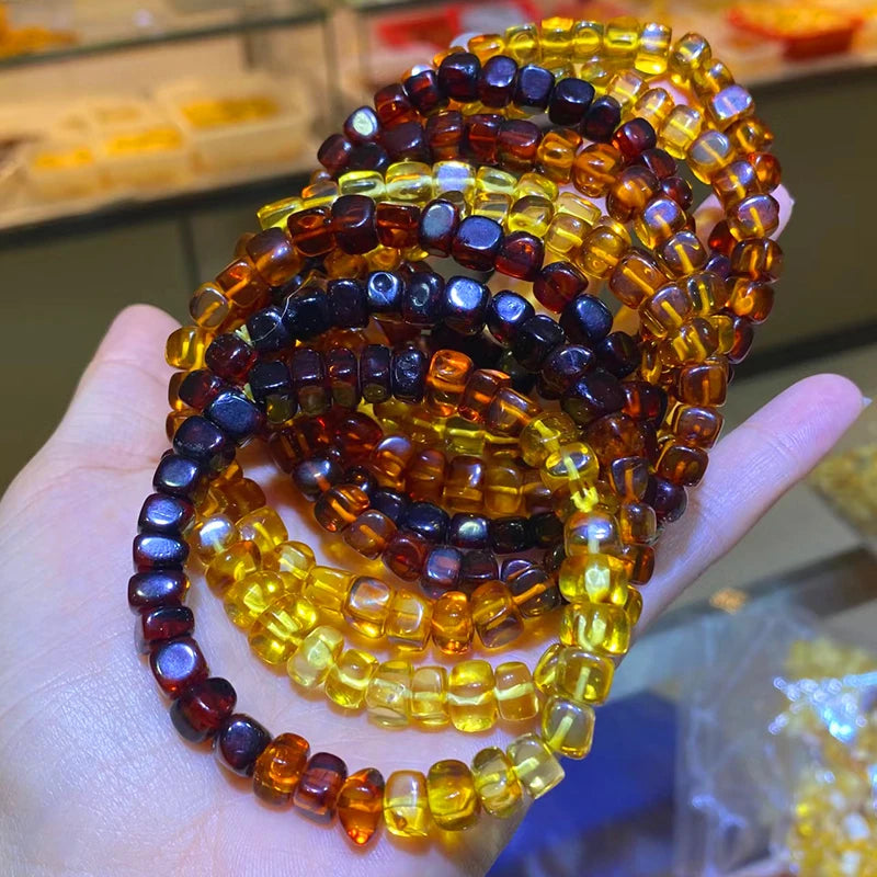 luckacco 6mm natural baltic amber bracelet for women fashion rainbow gradient color square elasticity aldult amber bead jewelry gift