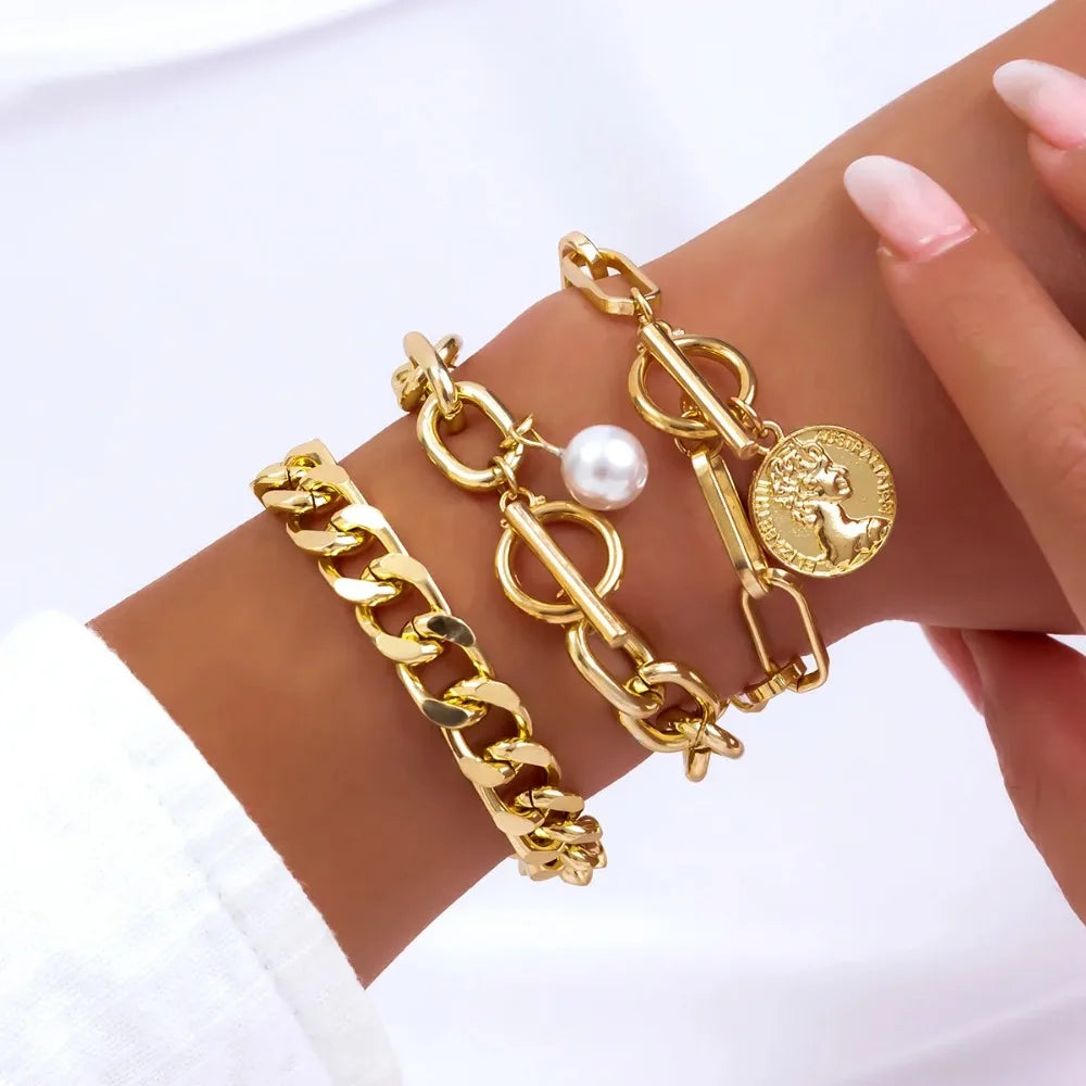 luckacco 4pcs set imitation pearl chain beaded bracelet for women new temperament gold color stainless steel bangle jewelry accessories