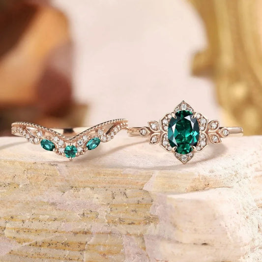 Luckacco Exquisite Women Rings Rose Gold Color Round Flower White Green Stone Rings Set Party Accessories Gift