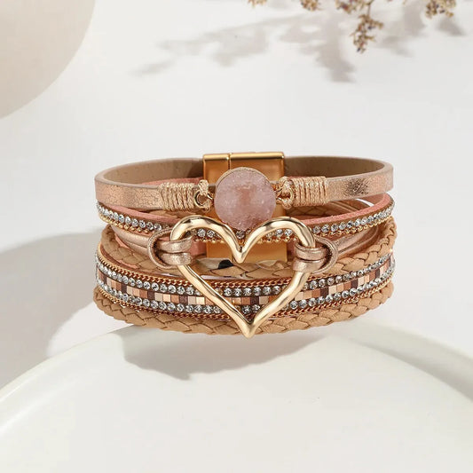 Luckacco New Metal Love Heart Charm Leather Bracelets for Women Fashion Bohemian Rhinestone Resin Wrap Bracelet Bangle Couple Jewelry