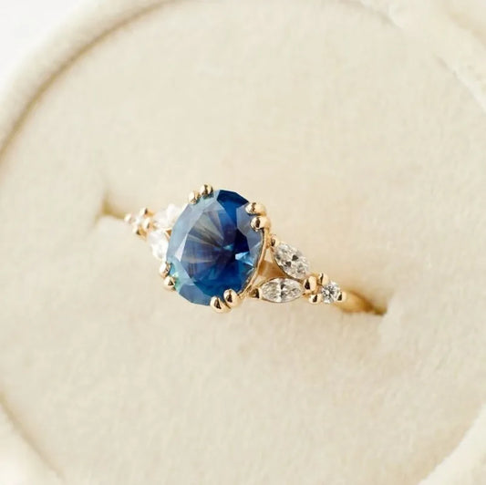 Luckacco Elegant Gold Color Round Oval Flower Rings for Women White Blue Stone Rings Jewelry Party Gift