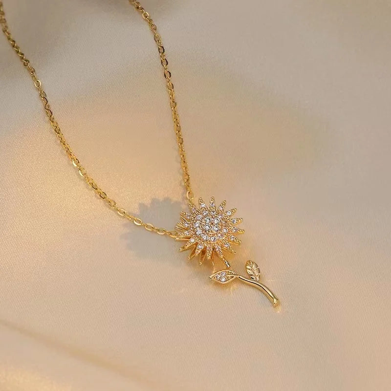 luckacco classic sunflower cubic zirconia pendant necklaces for women gold color alloy rotate necklace daily jewelry