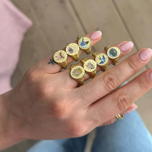 Luckacco 2025 New Finger Ring Copper Gold Color Plated Metal Tarot Enamel Stainless Steel Rings for Women Jewelry