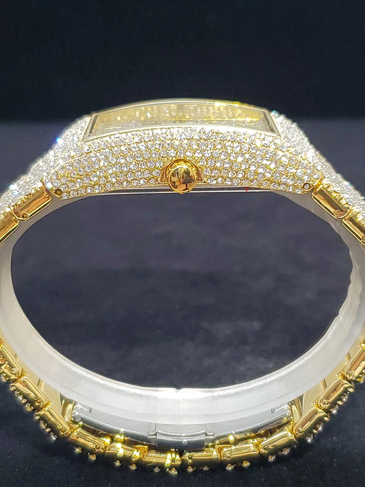 Luckacco Gold Men's Watches Rectangle Dial Luxury Diamond Fashion Big Wristwatches Luminous Point Iced Quartz Watch For Men