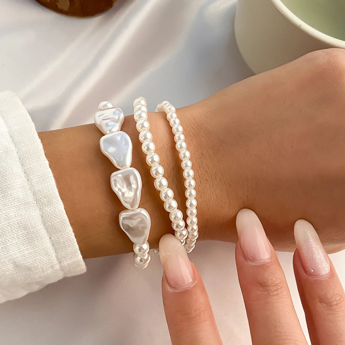 luckacco vintage imitation pearl heart ot buckle pendant bracelet for women wed bridal bead chain bangles couple hand jewelry new