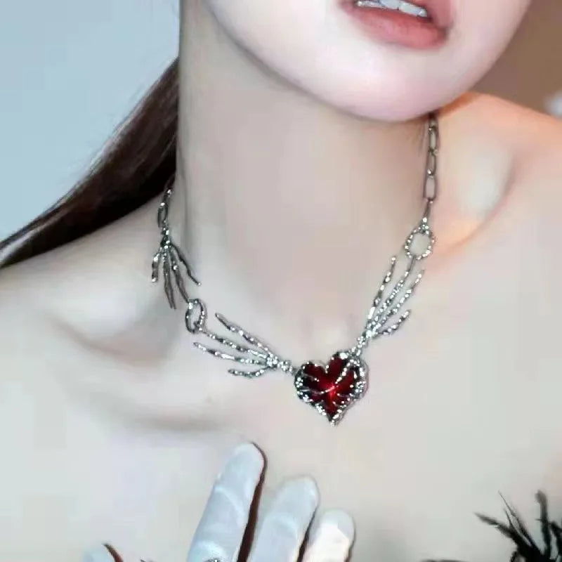 luckacco gothic vintage y2k red glass heart star cross pendant pearl bead necklace for women men aesthetic 90s grunge accessories jewelry