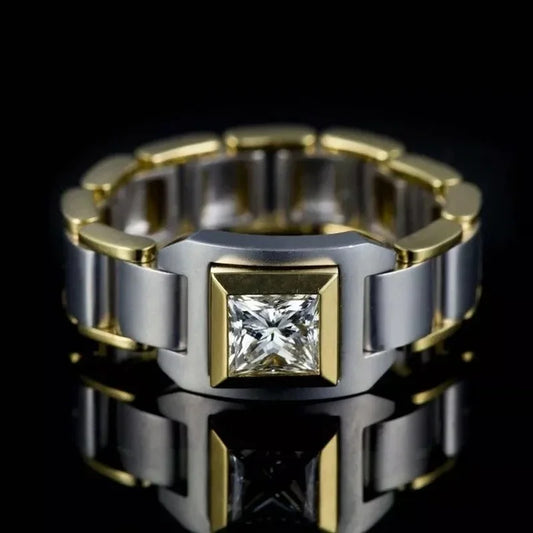 Luckacco Business Inlaid White Zircon Punk Ring for Men Luxury Two Tone Metal Engagement Party Ring Jewelry