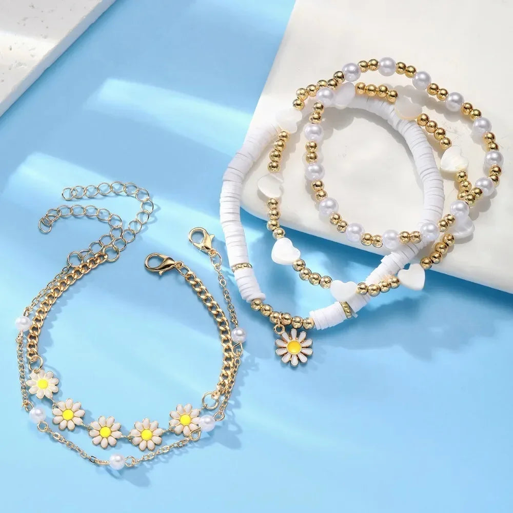 luckacco 5pcs set charm daisy flower pearl heart bracelet for women personality trendy multilayer gold color zircon jewelry set gift