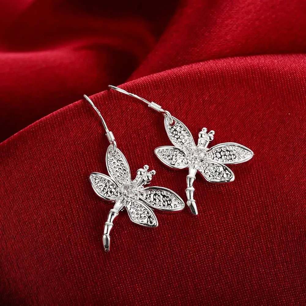 luckacco 925 sterling silver crystal dragonfly necklace earring rings jewelry set for women party wedding  accessories gifts