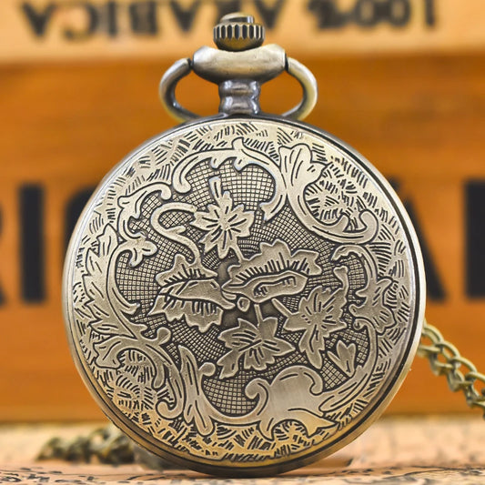Luckacco Retro Bronze Steampunk Floral Carving Flip-Top Male And Female Student Gift Quartz Necklace Commemorative Pocket Watch