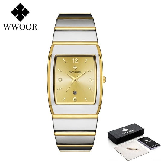 Luckacco Relogio Masculino WWOOR New Man's Square Watch For Men with Automatic Date Luxury Stainless Steel Gold Mens Quartz Wrist Watches