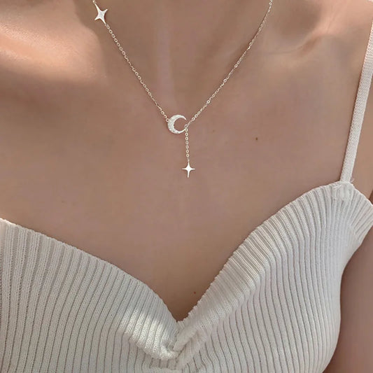 Luckacco Popularity Fashion Moon Star 925 Sterling Silver Necklace Geometric Shape Pendant Chain for Women's Fine Accessories