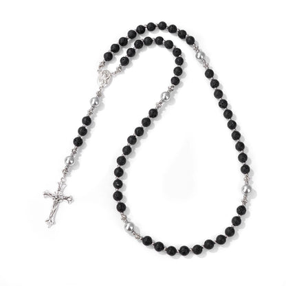Luckacco Catholic Jesus Cross Bracelet Men Religious Prayer Rosary Bangle 50CM Natural African Turquoises Lava Gem Stone Bead Bracelet