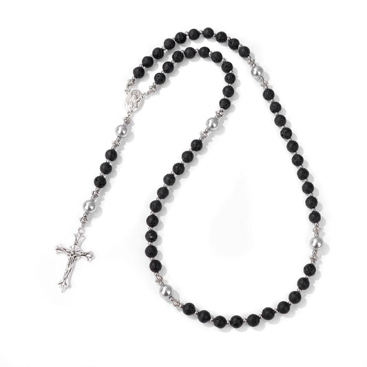 Luckacco Catholic Jesus Cross Bracelet Men Religious Prayer Rosary Bangle 50CM Natural African Turquoises Lava Gem Stone Bead Bracelet