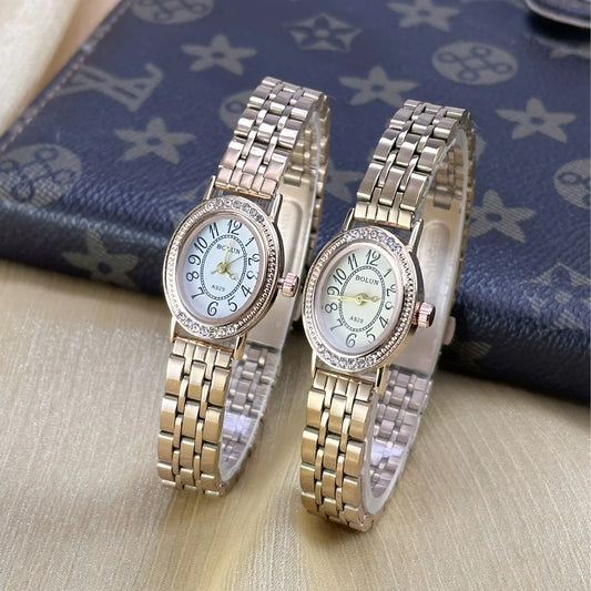 Luckacco Elegant Women Diamond Oval Watch Female Hand Watch Steel Small Original Luxury Ladies Wristwatch Golden Relógio