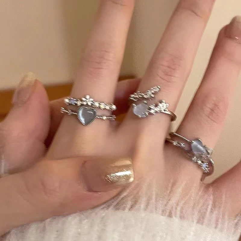 luckacco 2024 fashion jewelry crystal rings heart adjustable ring irregular geometry punk vintage rings set for women girls