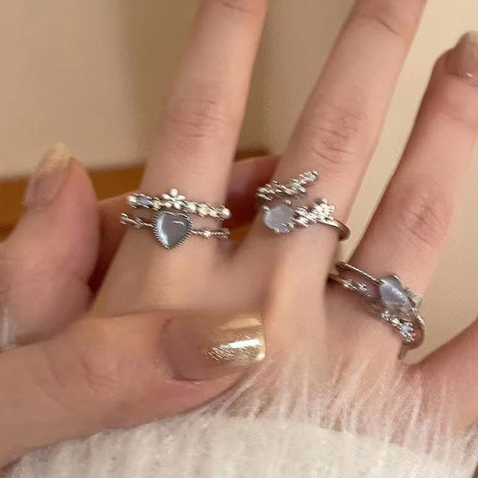 Luckacco 2024 Fashion Jewelry Crystal Rings Heart Adjustable Ring Irregular Geometry Punk Vintage Rings Set for Women Girls