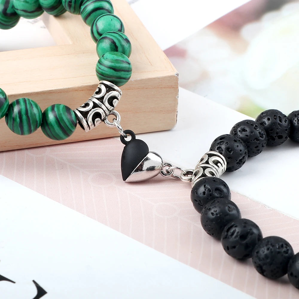 luckacco 2pcs/set natural stone beaded bracelet for lovers distance heart magnet buckle couple bracelets friendship fashion jewelry gifts