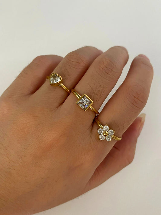 Luckacco Peri'sbox Anti-Tarnish White Rhinestone Square Heart Flower Open Rings Women Trendy Multi-layer V-Shaped Ring Wedding Party Gift