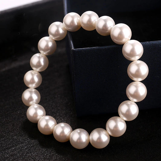 Luckacco Fashion Elegant Elastic White Pearl Bracelet For Women Men Wedding Banquet Stretch Bracelets 6-12mm Beads Handmade Jewelry Gift