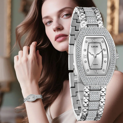 Luckacco LIGE New Original Design Luxury Diamond Watch For Women Elegant Watches Fashion Out Sport Stainless steel Waterproof Mille Clock