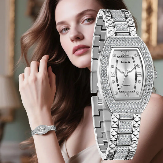 Luckacco LIGE New Original Design Luxury Diamond Watch For Women Elegant Watches Fashion Out Sport Stainless steel Waterproof Mille Clock
