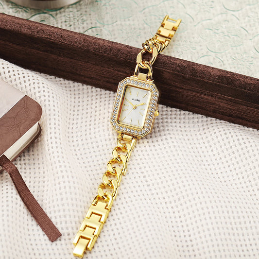 Luckacco Ladies' high-value fashion bar scale square dial buckle shaped steel strip inlaid with diamonds outer shell quartz watch