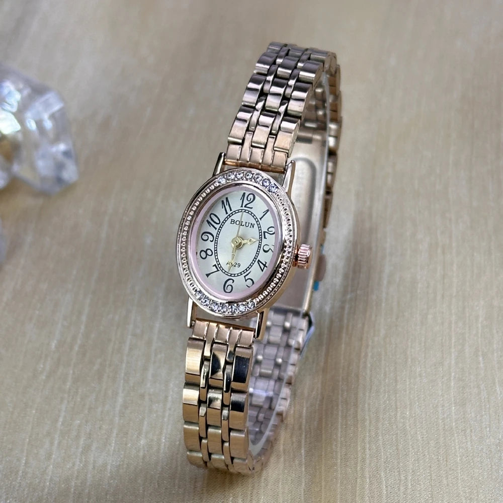 luckacco elegant women diamond oval watch female hand watch steel small original luxury ladies wristwatch golden relógio