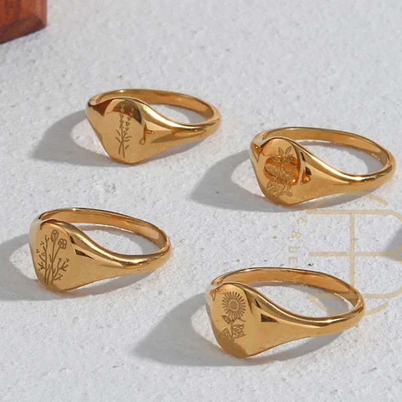 luckacco e.b.belle tarnish free stainless steel 18k gold plated engraving wildflower tea leaf lavender sunflower signet rings for women