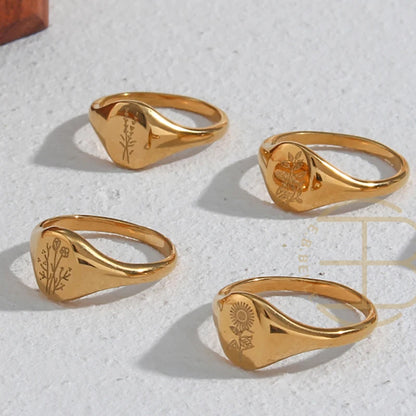 Luckacco E.B.belle Tarnish Free Stainless Steel 18k Gold Plated Engraving Wildflower Tea Leaf Lavender Sunflower Signet Rings For Women