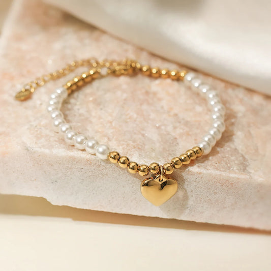 Luckacco NEWBUY High Quality Non-Fading Stainless Steel Jewelry Trendy Gold Color Heart Pearl Charm Bracelet For Women Gift