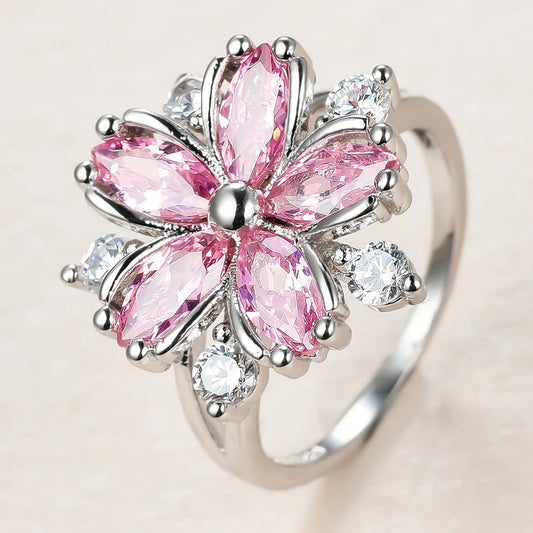 Luckacco Cute Female Pink Crystal Stone Ring Charm Silver Color Thin Wedding Rings For Women Dainty Bride Flower Zircon Engagement Ring