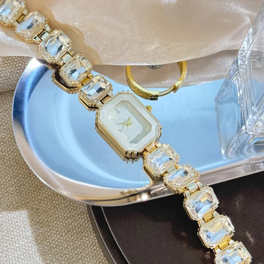 luckacco fashion women square quartz wristwatches luxury stainless steel water diamond quartz movement bracelet clock ladies watches