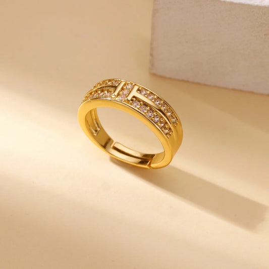 Luckacco Luxury Zircon Geometric Rings for Women Gold Color Adjustable  Stainless Steel Heart Flower Ring Wedding Fashion Jewelry Gift