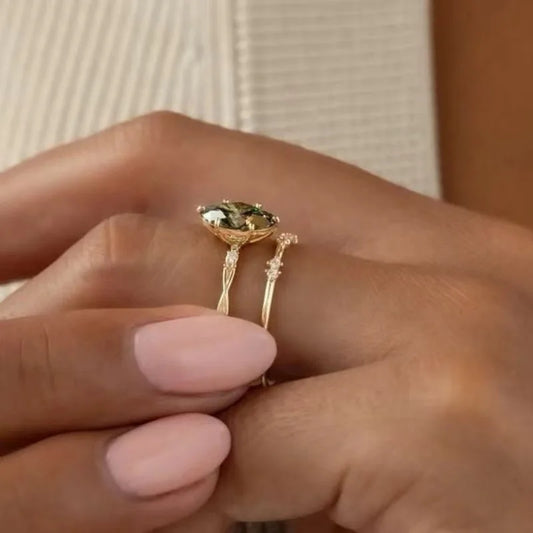 Luckacco Elegant Women Rings Gold Color Round Green White Stone Rings Party Accessories Gift