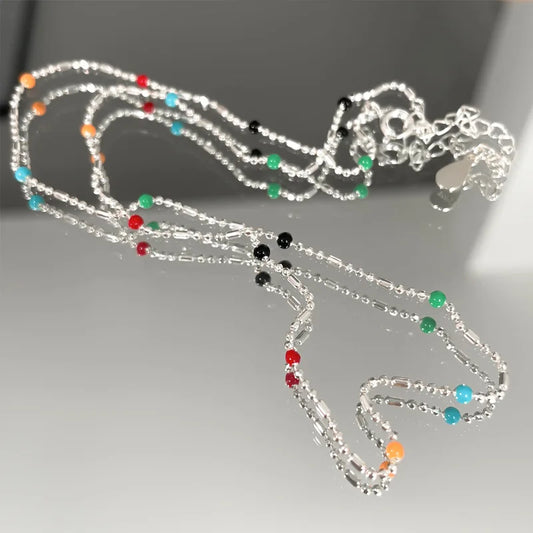 Luckacco New 925 Sterling Silver Colorful Round Beads Necklace Delicate Charm Temperament Choker Birthday Gift for Women's Fine Jewelry