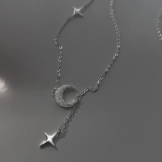 Luckacco Popularity Fashion Moon Star 925 Sterling Silver Necklace Geometric Shape Pendant Chain for Women's Fine Accessories
