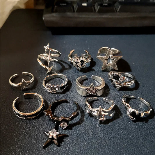 Luckacco Kpop Goth Punk Vintage Aesthetic Geometric Irregular Star Silver Color Ring For Women Egirl Grunge Y2K EMO Jewelry Accessories