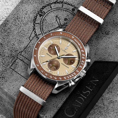 Luckacco CADISEN New Men's Watches Luxury Quartz Wrist Watch For Men Sapphire AR Coated Crystal Canvas VK68 Speed Chronograph Automatic