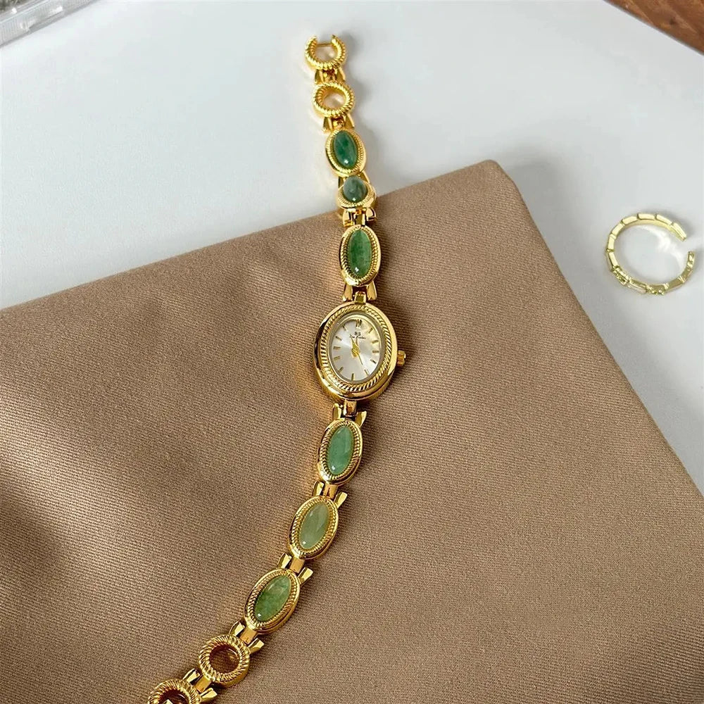 luckacco women's gold watch vintage brown jade bracelet small dial quartz daily wear party clock luxury waterproof ladies watches gifts