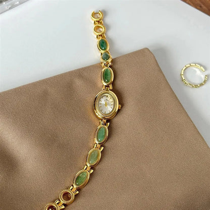 Luckacco Women's Gold Watch Vintage Brown Jade Bracelet Small Dial Quartz Daily Wear Party Clock Luxury Waterproof Ladies Watches Gifts