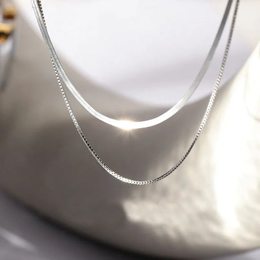 Luckacco 2023 S925 Silver Double Layer Box Chain Snake Clavicle Chain Necklace Female Fashion Hip-hop Retro Unique Design Fine Jewelry