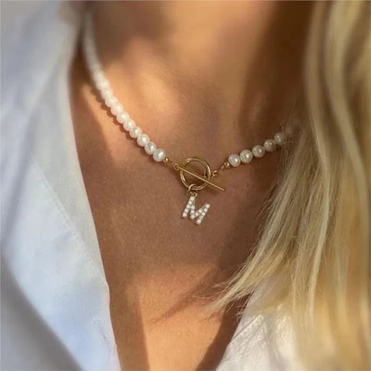 Luckacco Elegant Simulated-pearl Gold Color OT Buckle 26 Letters Pendant Necklace for Women Vintage Choke Collares Jewelry Girls Gifts