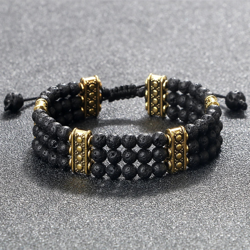 luckacco natural stone beads bracelet 4mm malachite black lava yoga energy hot couple for women men jewelry braided rope knot bangle gift
