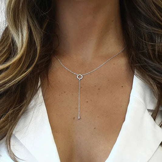 Luckacco S925 Sterling Silver Double-Deck Circle Zircon Pendant Long O-Chain Choker Necklace 2024 Spring Women Wedding Fine Jewelry