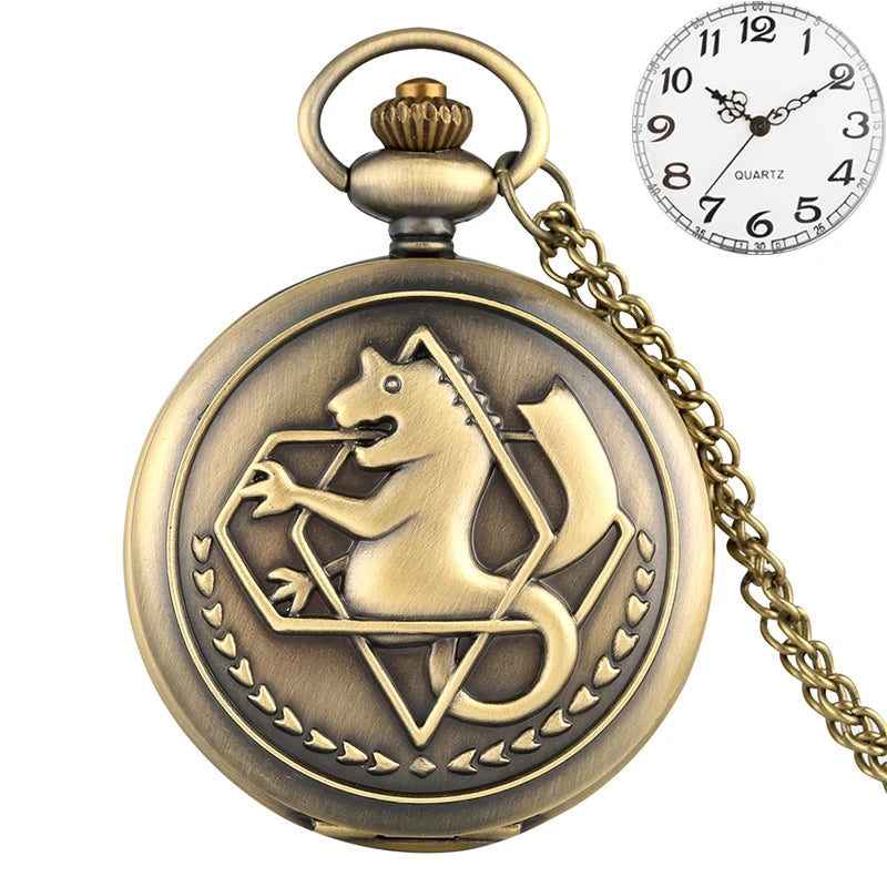 luckacco antique fullmetal alchemist quartz anime pocket watch cosplay edward elric clock design pendant necklace chain vintage chain