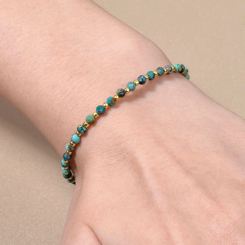 luckacco 1pc 3mm natural turquoise and seed beads bracelet with brass clasp for daily wear birthday stone mother's day gift